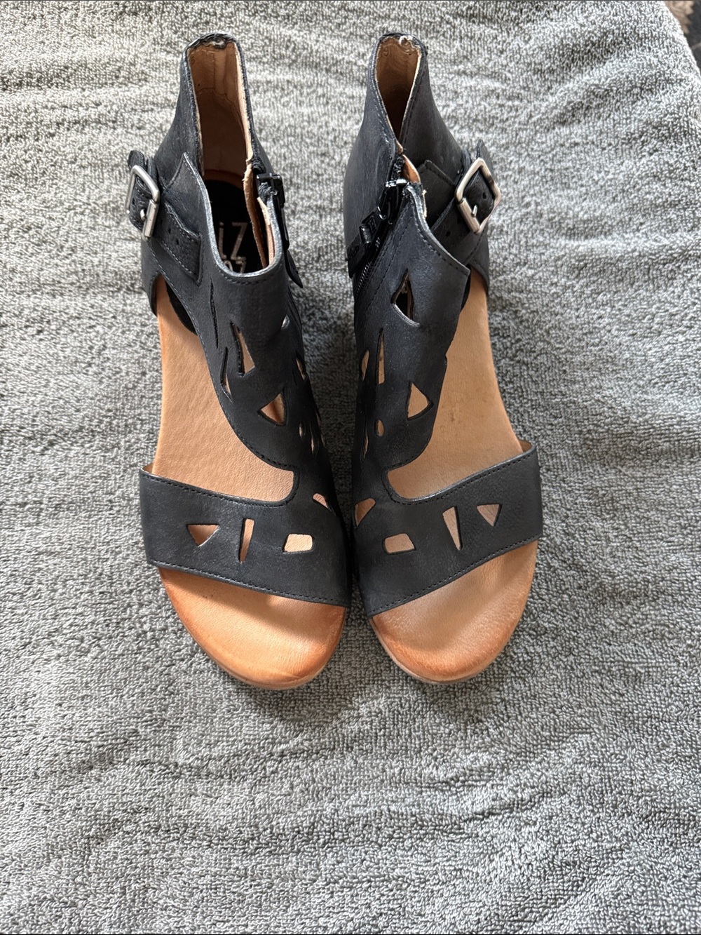 Miz Mooz Black Cutout Wedge Sandals with Buckle